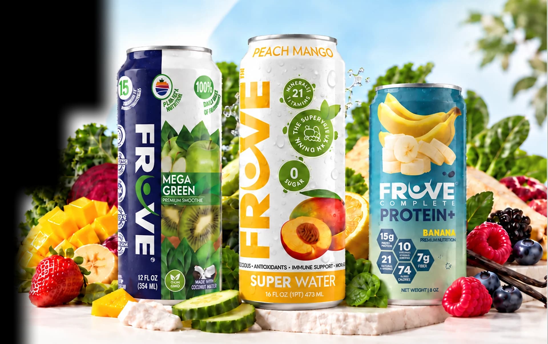 Three FrUve cans — Mega Green Super Smoothie, Peach Mango Super Water and Banana Complete Protein+ — surrounded by fresh fruits and vegetables